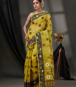 Lime Green Cotton Dhakai Jamdani Handwoven Saree With Floral Designs Without Blouse