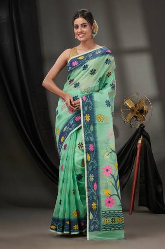 Mint Green Cotton Dhakai Jamdani Handwoven Saree With Floral Designs Without Blouse