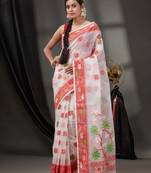 White Cotton Dhakai Jamdani Handwoven Saree With Floral Designs Without Blouse
