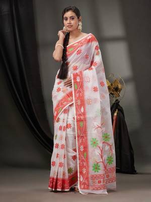 White Cotton Dhakai Jamdani Handwoven Saree With Floral Designs Without Blouse 2