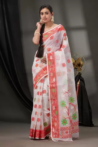 White Cotton Dhakai Jamdani Handwoven Saree With Floral Designs Without Blouse