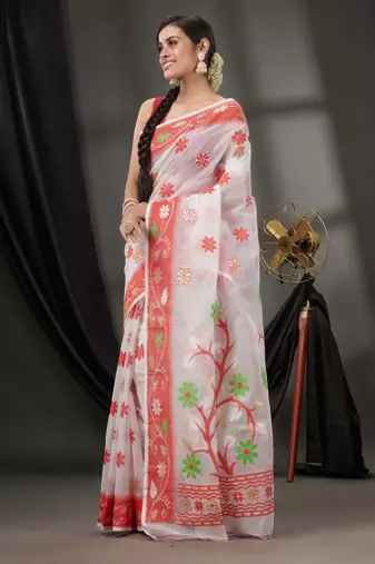 White Cotton Dhakai Jamdani Handwoven Saree With Floral Designs Without Blouse