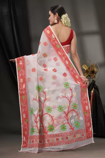 White Cotton Dhakai Jamdani Handwoven Saree With Floral Designs Without Blouse
