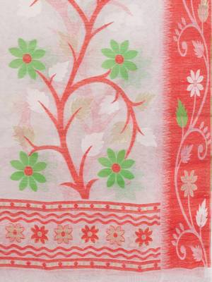 White Cotton Dhakai Jamdani Handwoven Saree With Floral Designs Without Blouse 5
