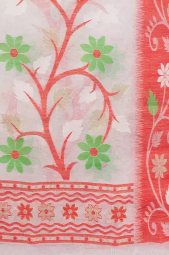 White Cotton Dhakai Jamdani Handwoven Saree With Floral Designs Without Blouse
