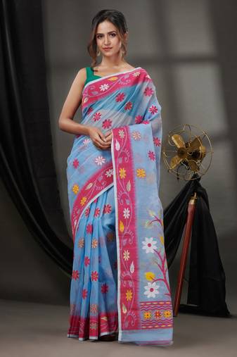 Sky Blue Cotton Dhakai Jamdani Handwoven Saree With Floral Designs Without Blouse