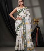 White Cotton Dhakai Jamdani Handwoven Saree With Floral Designs Without Blouse