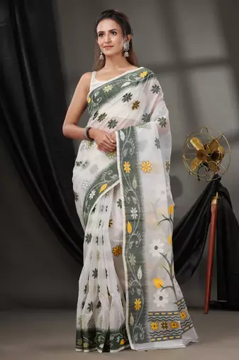 White Cotton Dhakai Jamdani Handwoven Saree With Floral Designs Without Blouse