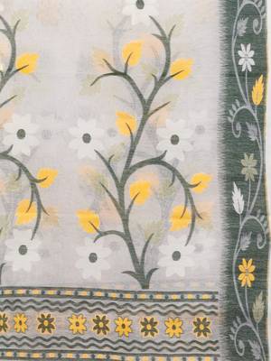 White Cotton Dhakai Jamdani Handwoven Saree With Floral Designs Without Blouse 5