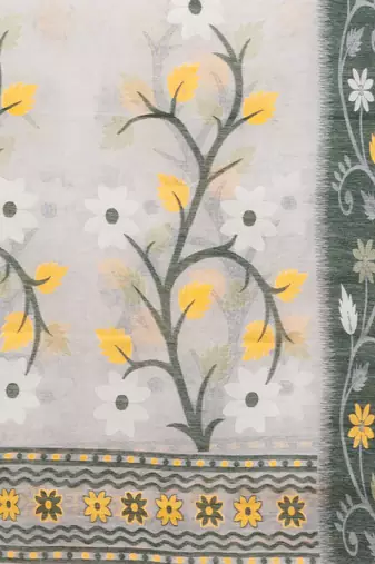 White Cotton Dhakai Jamdani Handwoven Saree With Floral Designs Without Blouse