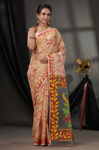 Beige Cotton Dhakai Jamdani Handwoven Saree With Foliage Designs Without Blouse