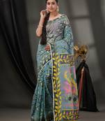 Grey Cotton Dhakai Jamdani Handwoven Saree With Foliage Designs Without Blouse