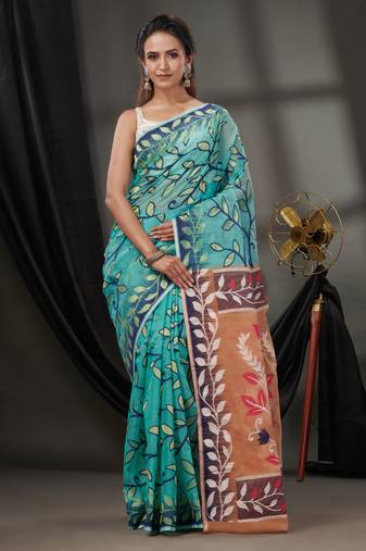 Sea Green Cotton Dhakai Jamdani Handwoven Saree With Foliage Designs Without Blouse