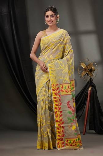 Beige Cotton Dhakai Jamdani Handwoven Saree With Foliage Designs Without Blouse