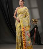 Beige Cotton Dhakai Jamdani Handwoven Saree With Foliage Designs Without Blouse