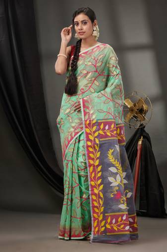 Mint Green Cotton Dhakai Jamdani Handwoven Saree With Foliage Designs Without Blouse