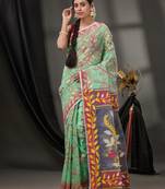 Mint Green Cotton Dhakai Jamdani Handwoven Saree With Foliage Designs Without Blouse
