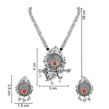 Navratri Ethnic Stylish Silver Oxidised Krishna Murli and Feather Long Necklace Jewellery Set  5