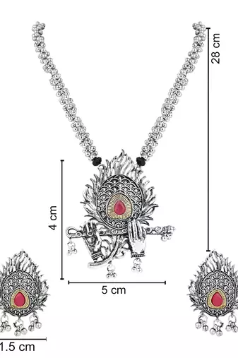Navratri Ethnic Stylish Silver Oxidised Krishna Murli and Feather Long Necklace Jewellery Set 