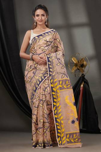 Peach Cotton Dhakai Jamdani Handwoven Saree With Foliage Designs Without Blouse