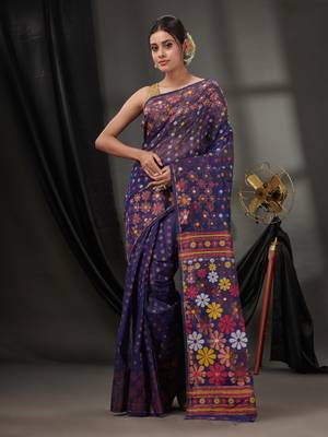 Navy Blue Cotton Dhakai Jamdani Handwoven Saree With Floral Designs Without Blouse 1