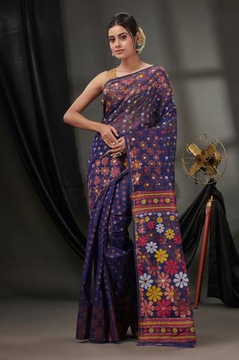 Navy Blue Cotton Dhakai Jamdani Handwoven Saree With Floral Designs Without Blouse
