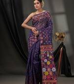 Navy Blue Cotton Dhakai Jamdani Handwoven Saree With Floral Designs Without Blouse