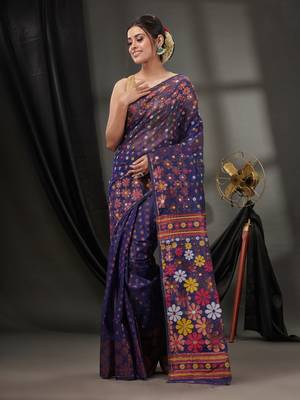 Navy Blue Cotton Dhakai Jamdani Handwoven Saree With Floral Designs Without Blouse 2