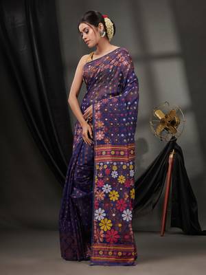 Navy Blue Cotton Dhakai Jamdani Handwoven Saree With Floral Designs Without Blouse 3
