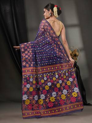 Navy Blue Cotton Dhakai Jamdani Handwoven Saree With Floral Designs Without Blouse 4