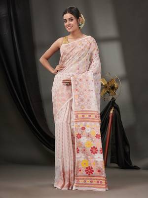 White Cotton Dhakai Jamdani Handwoven Saree With Floral Designs Without Blouse 1