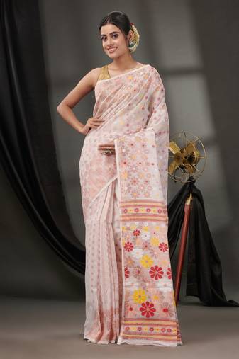 White Cotton Dhakai Jamdani Handwoven Saree With Floral Designs Without Blouse