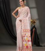 White Cotton Dhakai Jamdani Handwoven Saree With Floral Designs Without Blouse