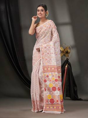 White Cotton Dhakai Jamdani Handwoven Saree With Floral Designs Without Blouse 2