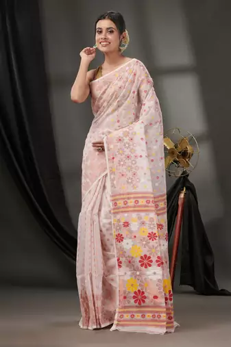 White Cotton Dhakai Jamdani Handwoven Saree With Floral Designs Without Blouse