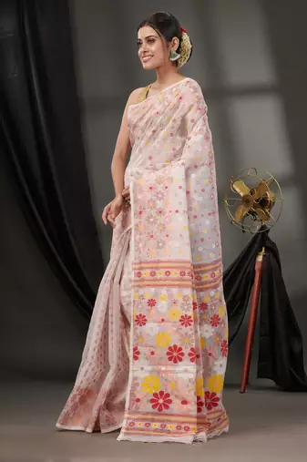 White Cotton Dhakai Jamdani Handwoven Saree With Floral Designs Without Blouse