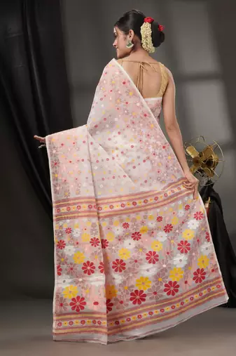 White Cotton Dhakai Jamdani Handwoven Saree With Floral Designs Without Blouse