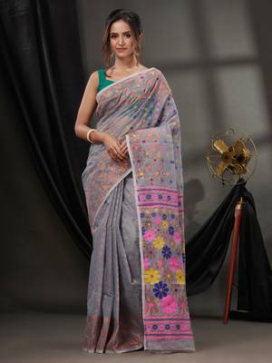 Grey Cotton Dhakai Jamdani Handwoven Saree With Floral Designs Without Blouse 1