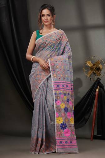 Grey Cotton Dhakai Jamdani Handwoven Saree With Floral Designs Without Blouse