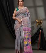 Grey Cotton Dhakai Jamdani Handwoven Saree With Floral Designs Without Blouse
