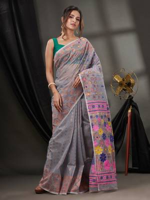 Grey Cotton Dhakai Jamdani Handwoven Saree With Floral Designs Without Blouse 2