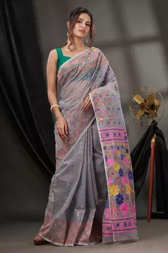 Grey Cotton Dhakai Jamdani Handwoven Saree With Floral Designs Without Blouse