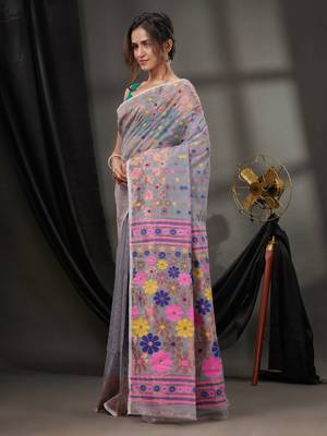 Grey Cotton Dhakai Jamdani Handwoven Saree With Floral Designs Without Blouse 3