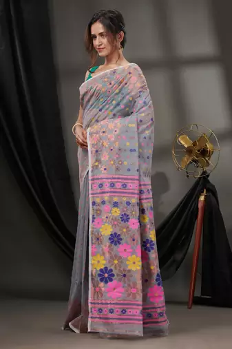 Grey Cotton Dhakai Jamdani Handwoven Saree With Floral Designs Without Blouse