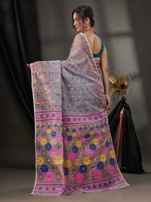Grey Cotton Dhakai Jamdani Handwoven Saree With Floral Designs Without Blouse 4