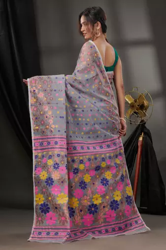 Grey Cotton Dhakai Jamdani Handwoven Saree With Floral Designs Without Blouse
