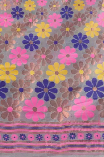 Grey Cotton Dhakai Jamdani Handwoven Saree With Floral Designs Without Blouse