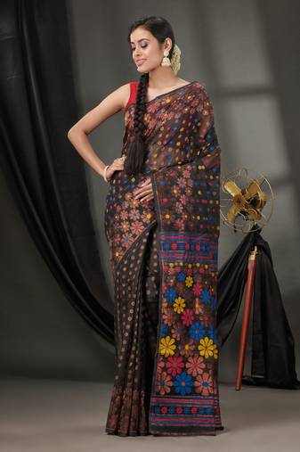 Black Cotton Dhakai Jamdani Handwoven Saree With Floral Designs Without Blouse