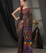 Black Cotton Dhakai Jamdani Handwoven Saree With Floral Designs Without Blouse