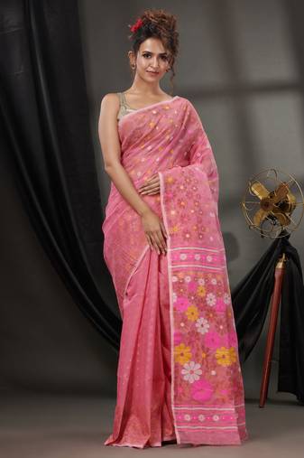Pink Cotton Dhakai Jamdani Handwoven Saree With Floral Designs
